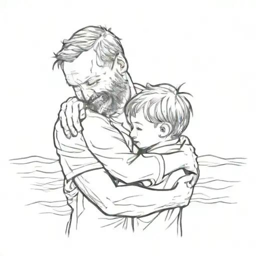 Father Hugging His Son With The Sea In The Background