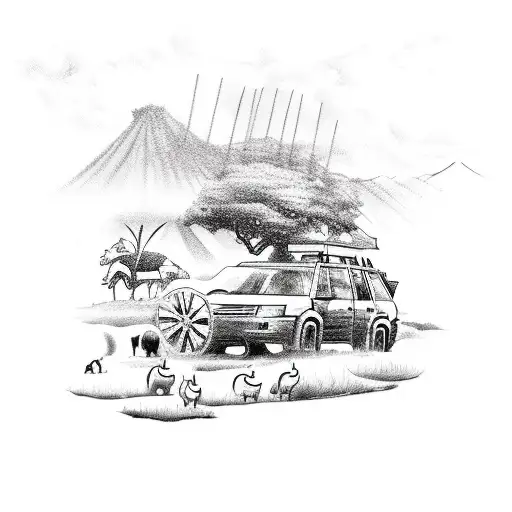 A Sketch-style Tattoo Of A Land Cruiser Driving Through A Farm With Animals In The Background