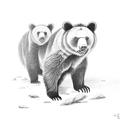 A Black Bear Stood On All Fours With Two Cubs