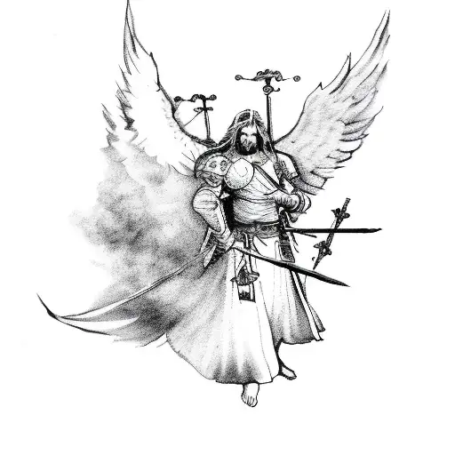 An Flying Angel With Seven Swords And A Cup In His Left Hand In The Clouds