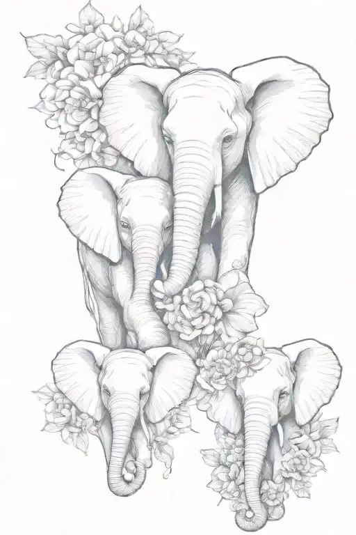 3 Elephant Children Faces With Floral Forward Facing
