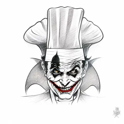 Sketch Style Tattoo Of A Joker Wearing A Chef's Hat And Holding A Black Cat