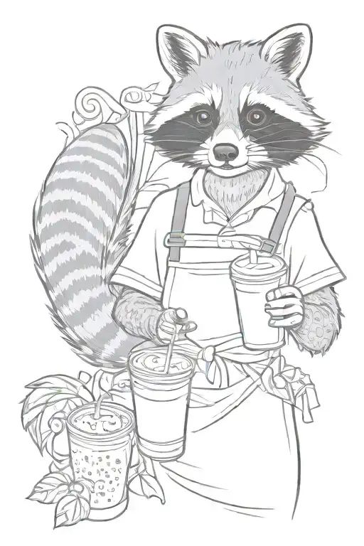 Female Raccoon Wearing Apron And Holding An Iced Coffee