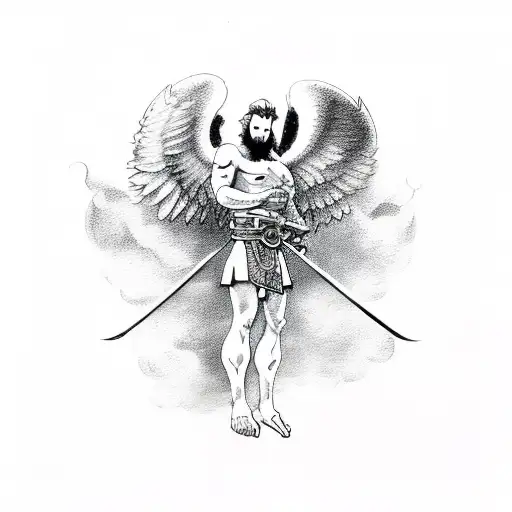 An Flying Angel With Seven Swords And A Cup In His Left Hand In The Clouds