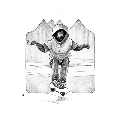 A Sketch Tattoo Of A Skateboarder With A Spiritual Aura And African American Cultural Symbols