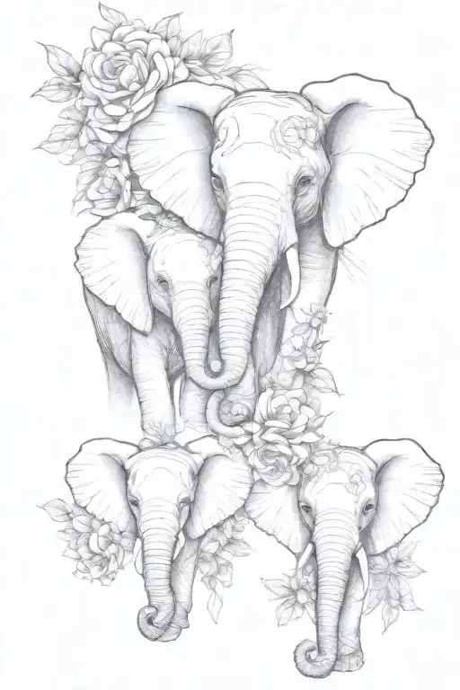 3 Elephant Children Half Faces With Floral Forward Facing