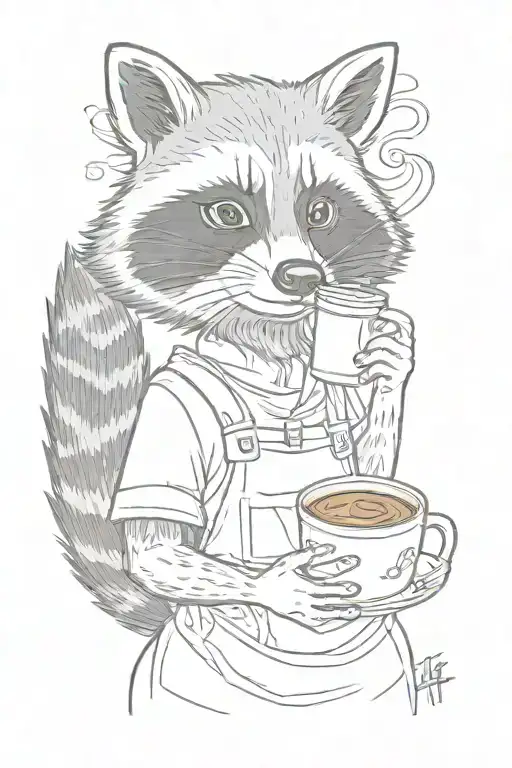 Female Raccoon Wearing A Baking Apron And Holding An Iced Coffee