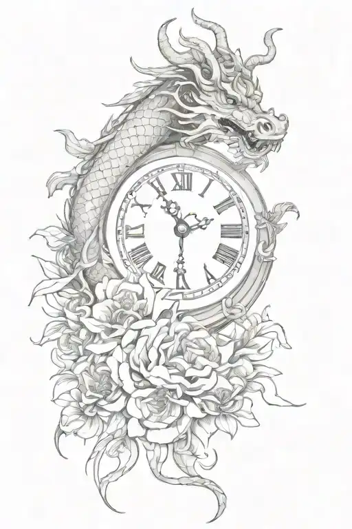 Chinese Dragon And Flowers With A Clock Face