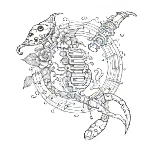 A Scorpio Symbol Intertwined With Musical Instruments And Makeup Products