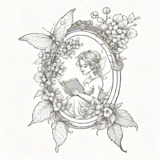 A Fantasy Oval Frame Made Out Of Dying Vains With Berries And Flowers And A Fairy With A Book