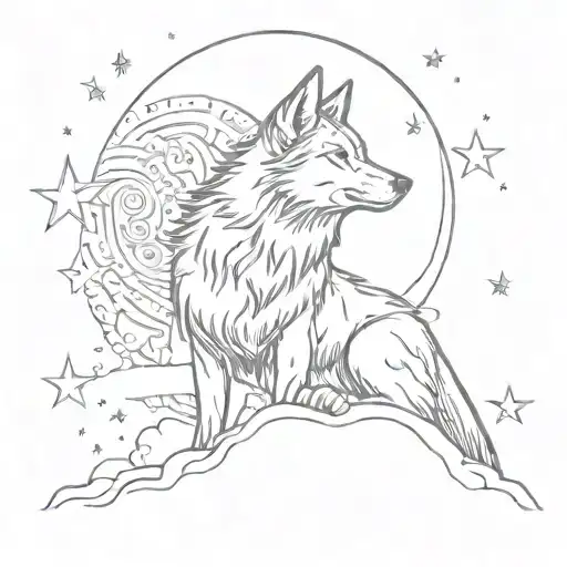 A Wolf Howling At The Moon Surrounded By Stars Forming