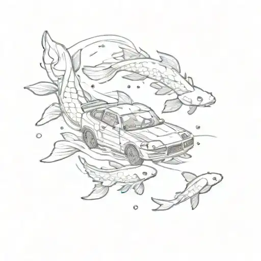 A Pixelated Video Game Car Driving Through A Sea Of Koi Carp