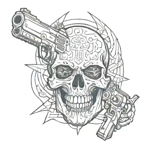 A Skull With Two Hand Guns Making An X With His Arms Looking To The Sky