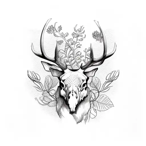 Elk Skull With Vines Flowers Mushrooms