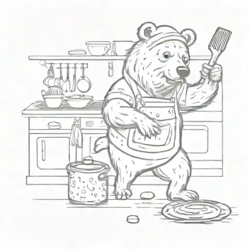 A Whimsical Illustration Of A Procrastinating Bear Dancing In A Kitchen Full Of Cooking Utensils