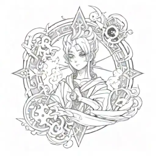 A Fusion Of Anime Characters And Religious Symbols In A Sketch Style Design