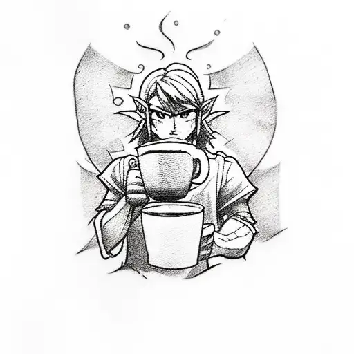 A Sketch Style Tattoo Of Link From The Legend Of Zelda Holding A Steaming Cup Of Coffee