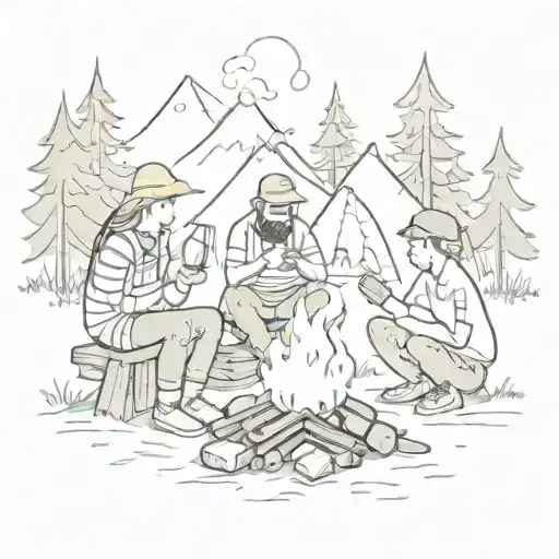 A Camping Scene With A Family Roasting Marshmallows Over A Fire