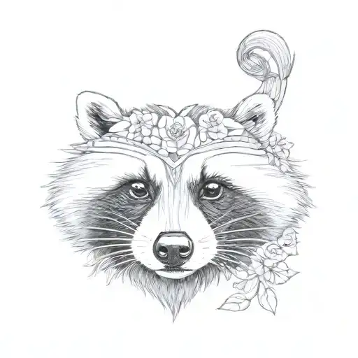 A Raccoon Face With A Flower Crown And Large Geometric Mandala Design Behind It