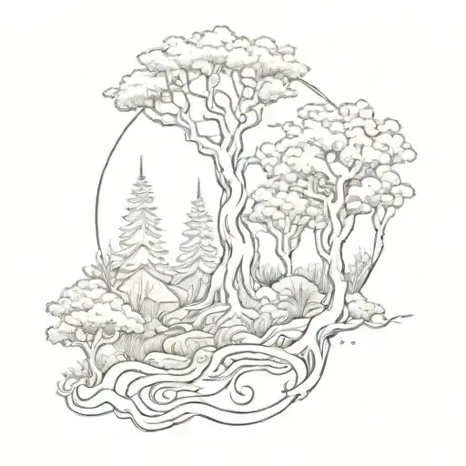 A Surreal Scene Of Nature Intertwining With Powerful Gods In A Dark Forest Setting