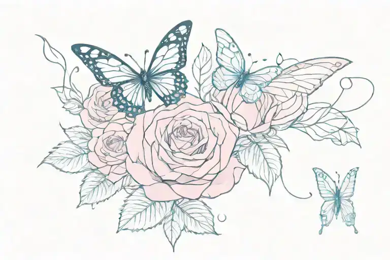 Pink Rose And Blue Butterfly Wings