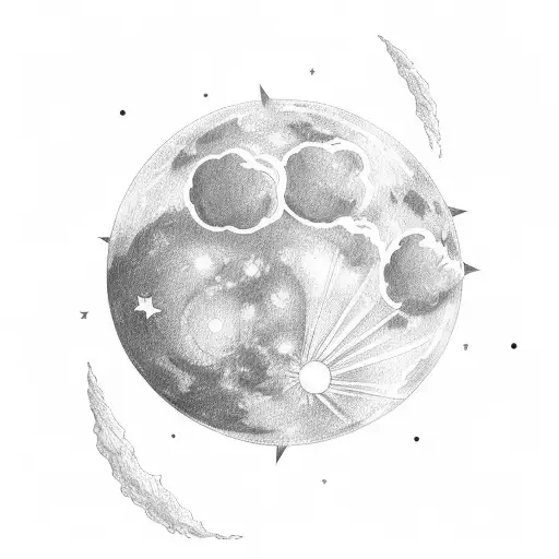 Cloud Left Hand Moon In The Center And A Lightening Star On Right Side