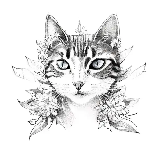 A Sketch-style Tattoo Of A Cat Exploring A Mystical Forest Filled With Enchanting Flowers