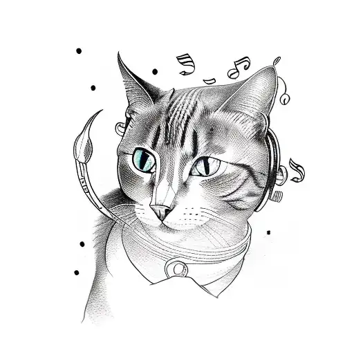 A Blackwork Tattoo Of A Cat Surrounded By Swirling Musical Notes And Art Supplies