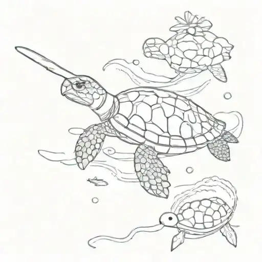 A Whimsical Airplane Flying Over A Sea Turtle Swimming In The Ocean