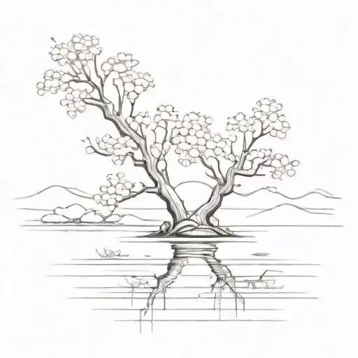A Minimalist Design Of A Cherry Blossom Tree Reflected In A Calm Lake