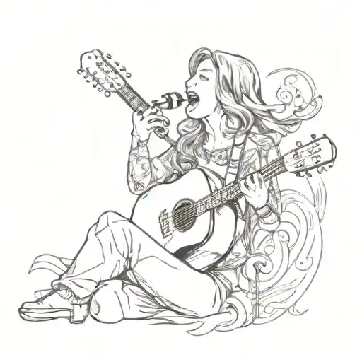 A Sketch Of A Woman Singing Passionately With A Guitar In The Background