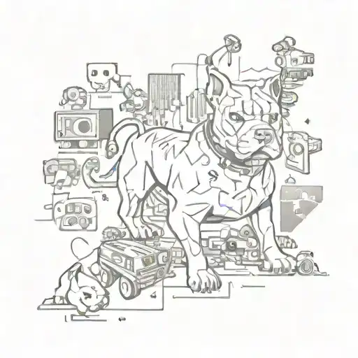 A Pixelated Pitbull Surrounded By Gaming Icons And Graffiti Tags