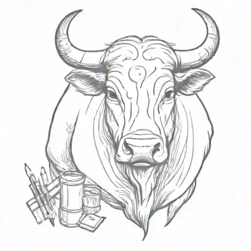 A Sketch-style Illustration Of A Bull With Art Supplies In Its Horns