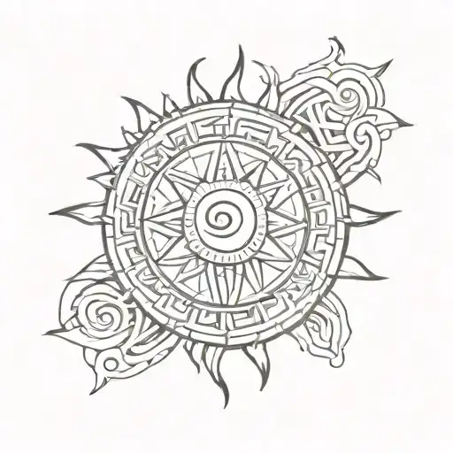 A Sketch-style Tattoo Of A Tribal Sun With A Unique Hand-drawn Look