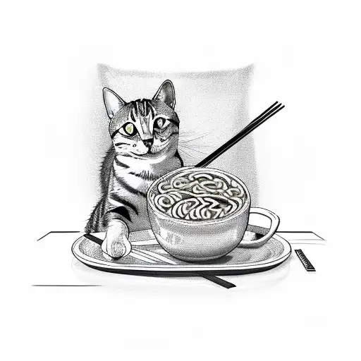 Cat Sitting Next To A Bowl Of Ramen And Grabbing A Noodle With Its Paw