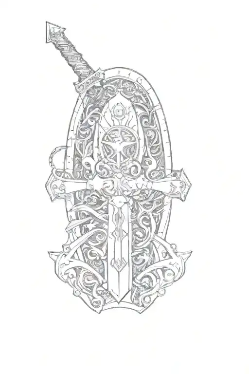 A Sword And Shield Adorned With Intricate Blackwork