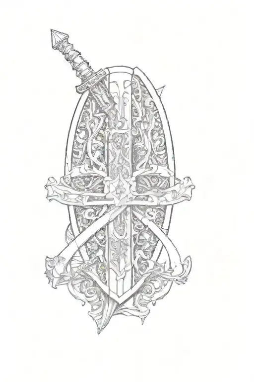 A Sword And Shield Adorned With Intricate Blackwork