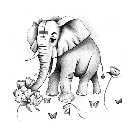 Elephant With Butterflies And Flowers