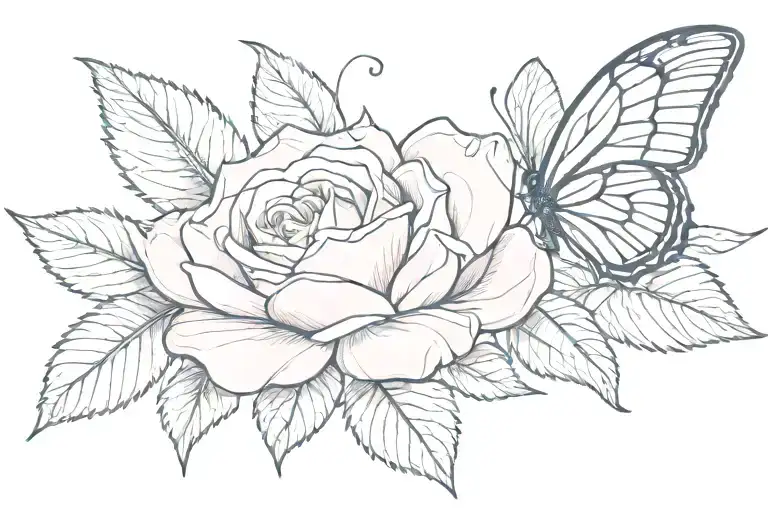 Pink Rose Tattoo And Blue Butterfly Flying