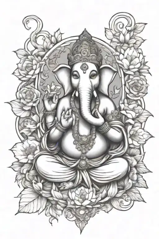 Ganesha Sitting In Lotus Pose Surrounded By Flowers And Vines