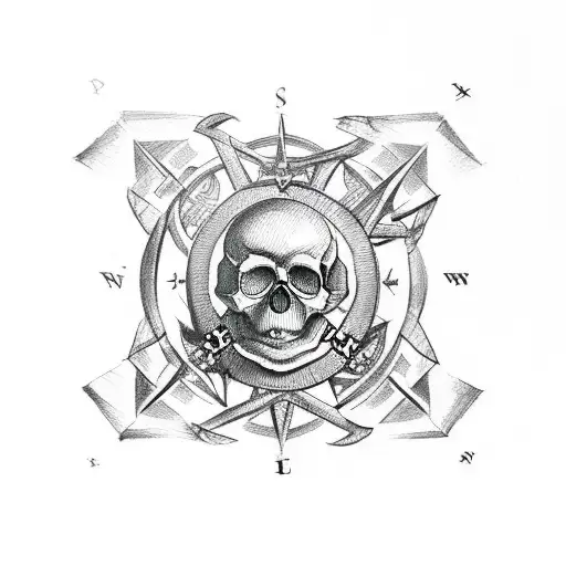 Skull And Crossing Bones Intertwined With A Compass Rose