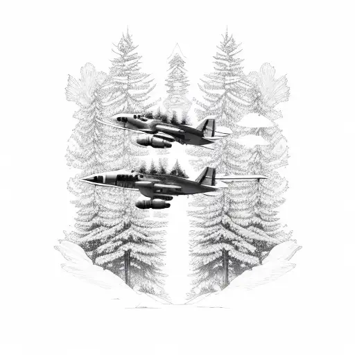 A Wooden Military Aircraft Soaring Through A Forest Filled With Cats