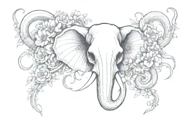 Elephant Octopus Hybrid Animal Skull With Tenticles Surrounded By Gothic Inspired Flowers & Theme