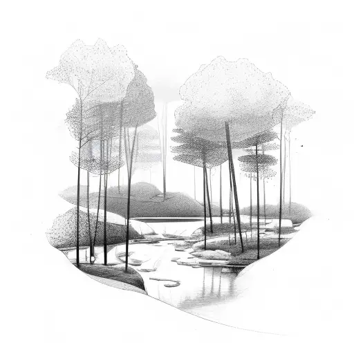 A River Flowing Through A Forest With A Motorcycle Parked Nearby