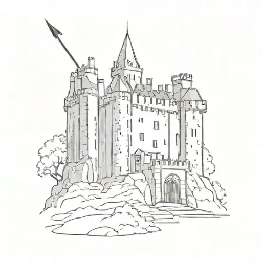 A Black-grey Sketch Of A Scottish Castle Silhouette With A Bow And Arrow Shooting Out