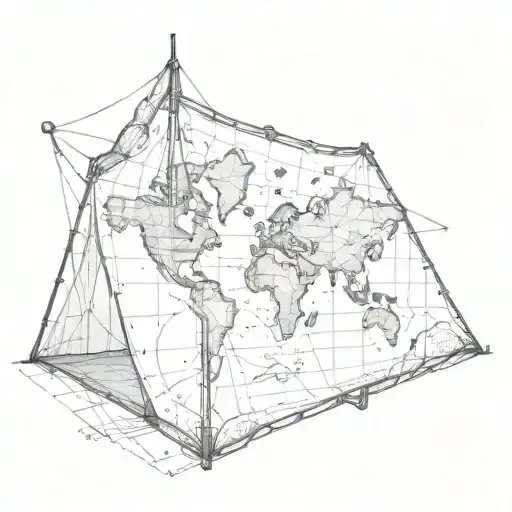 An Engineer's Blueprint Of A World Map With A Camping Tent In The Center