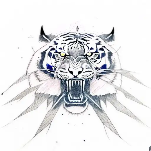 Fine Line Tatoo Design Of A Tiger With A Sword In His Mouth With Blue Fire