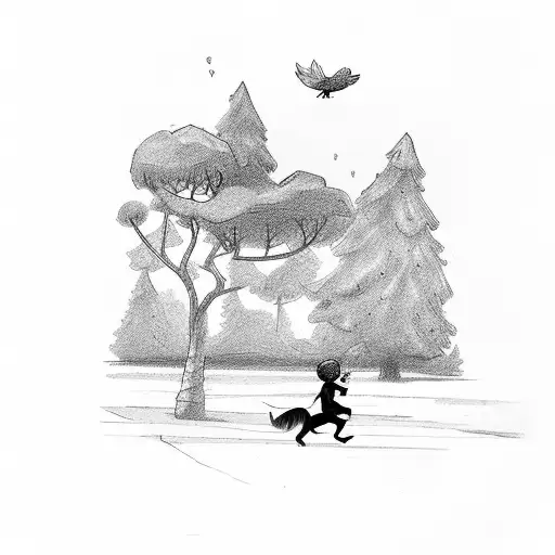 Small Boy Running By Tree With Dog Beside Him