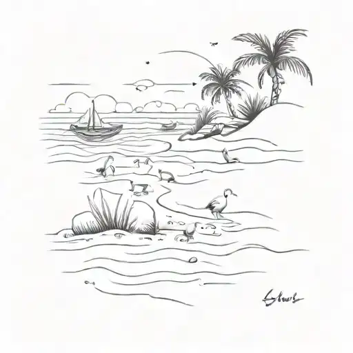 A Minimalist Design Of A Beach Scene With Various Animals Hidden In The Sand