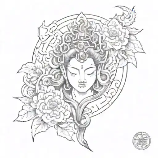 A Sketch Style Tattoo Combining Elements Of Japanese Art With Hindu Gods